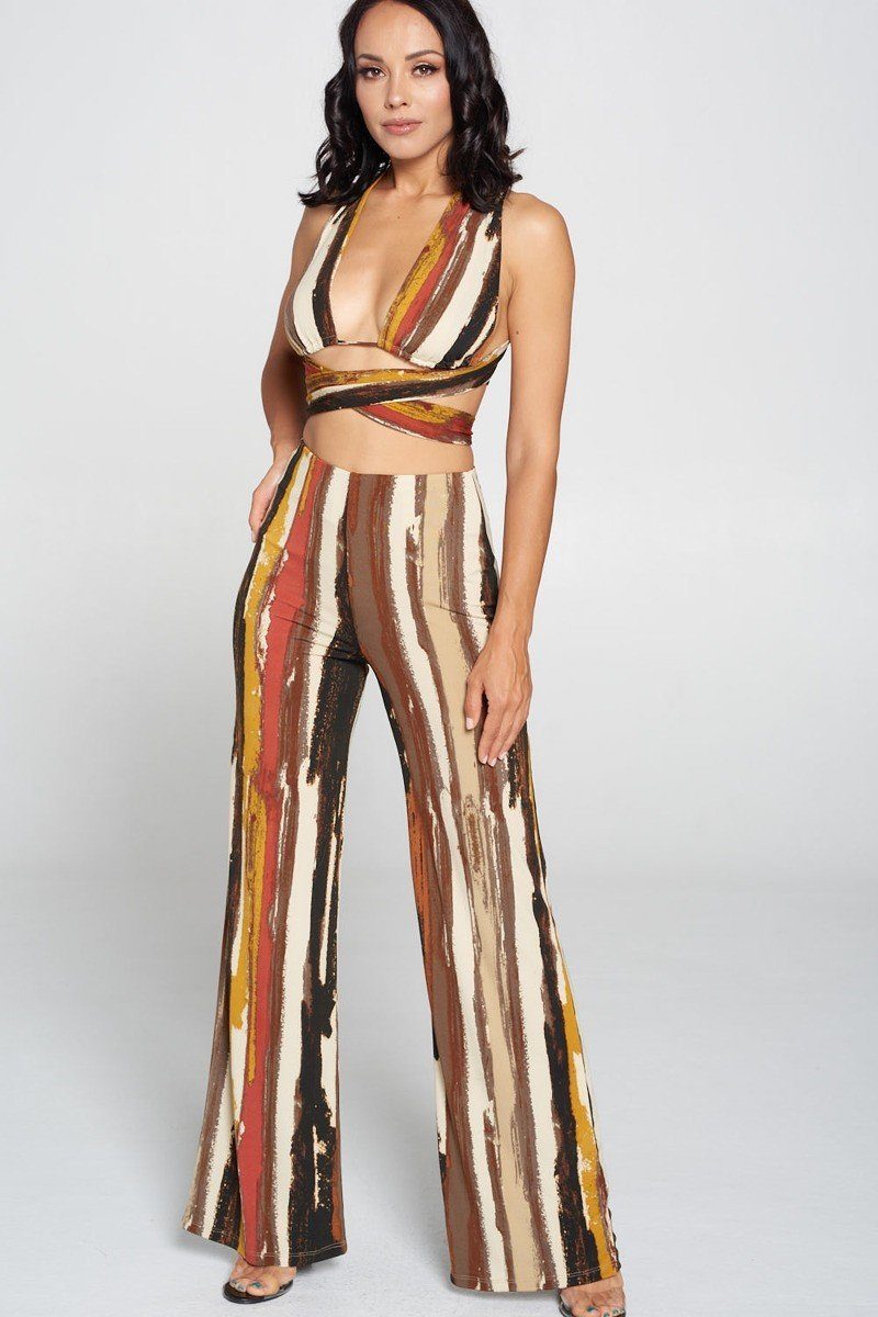 Stripped Cropped Top And Wide Leg Pants Set - Absolute Fashion 2020