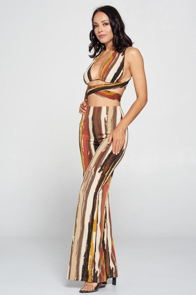 Stripped Cropped Top And Wide Leg Pants Set - Absolute Fashion 2020