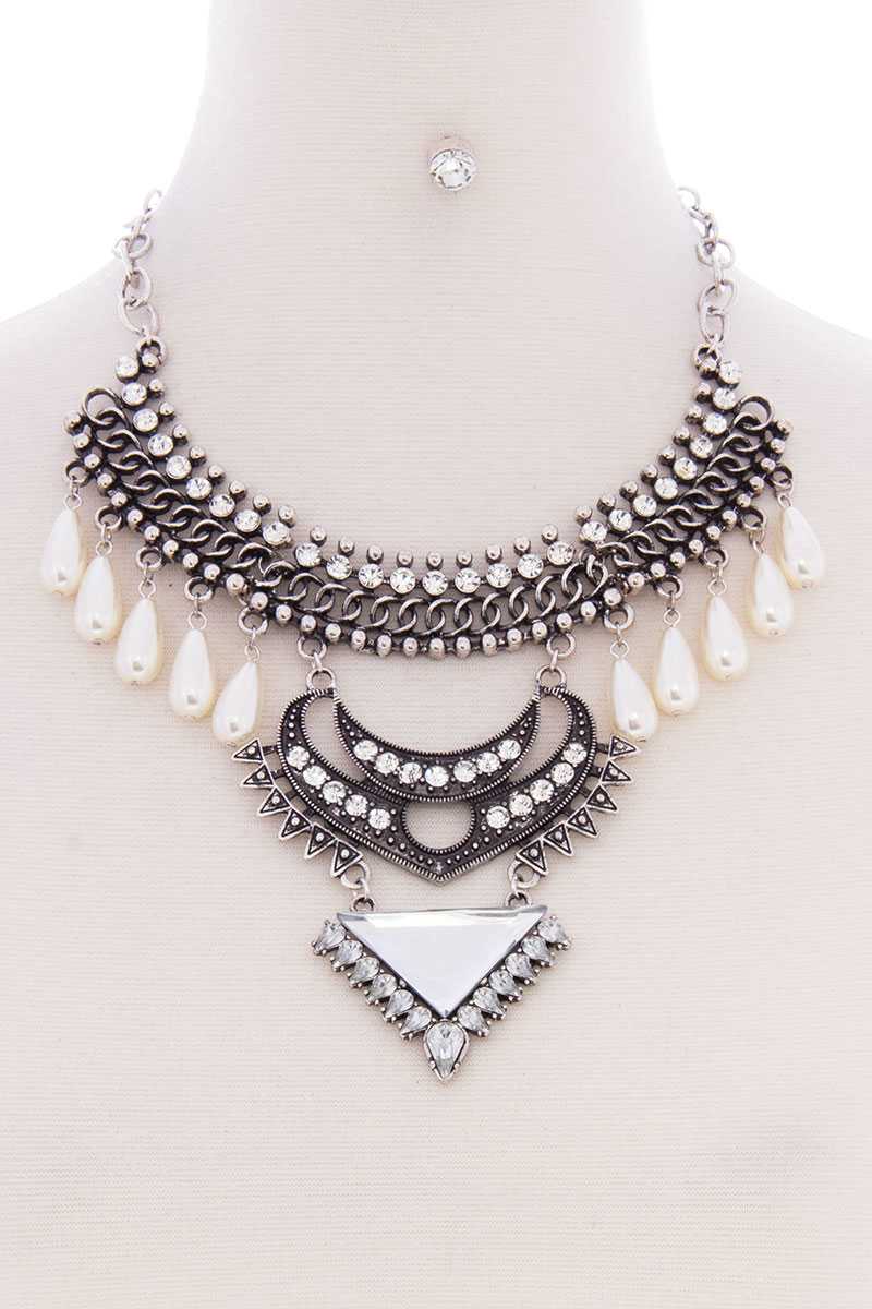 Chunky Pearl Antique Stone Boho Bohemian Statement Necklace Earring Set - Absolute Fashion 2020