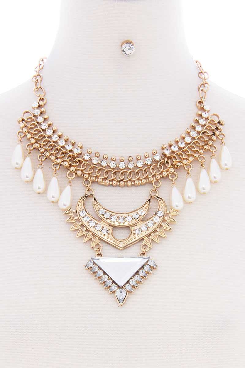 Chunky Pearl Antique Stone Boho Bohemian Statement Necklace Earring Set - Absolute Fashion 2020