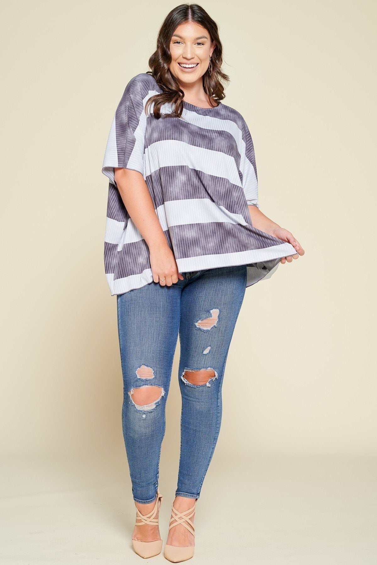 Stripe Printed Pleated Blouse Featuring A Boat Neckline And 1/2 Sleeves - Absolute Fashion 2020