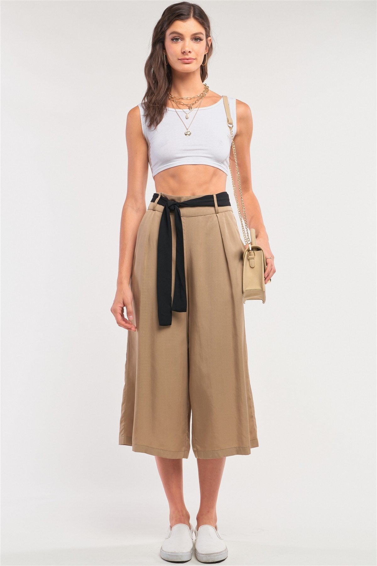 Beige High Waist Self-tie Belt Detail Flare Capri Pants - Absolute Fashion 2020