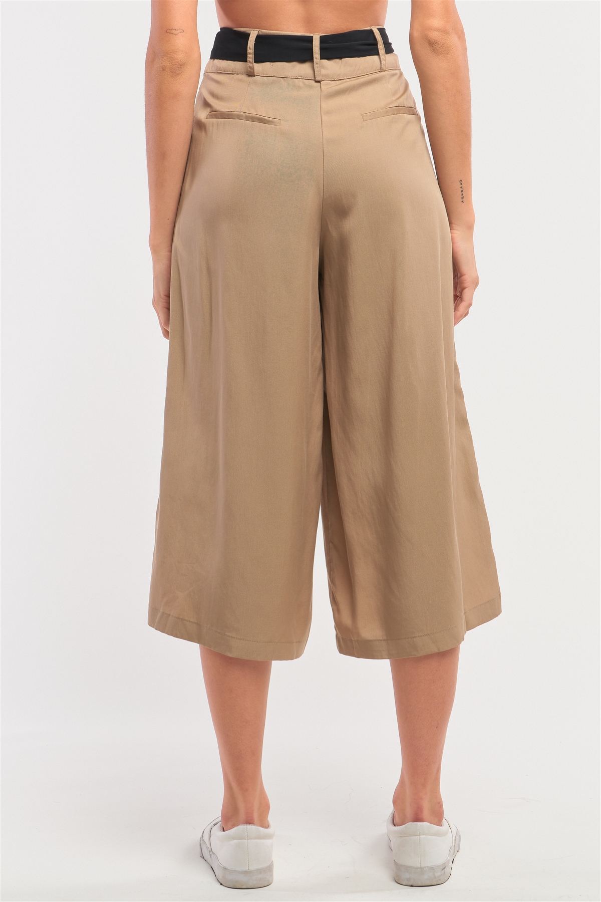 Beige High Waist Self-tie Belt Detail Flare Capri Pants - Absolute Fashion 2020