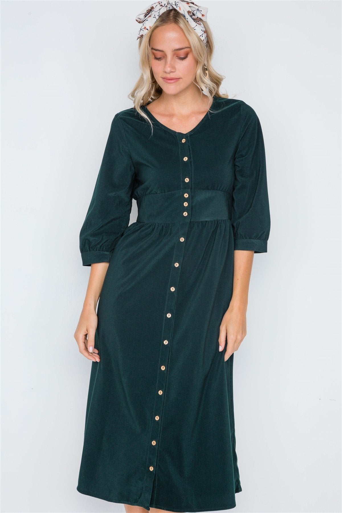 Corduroy 3/4 Sleeve Button Down Midi Dress - Absolute Fashion 2020
