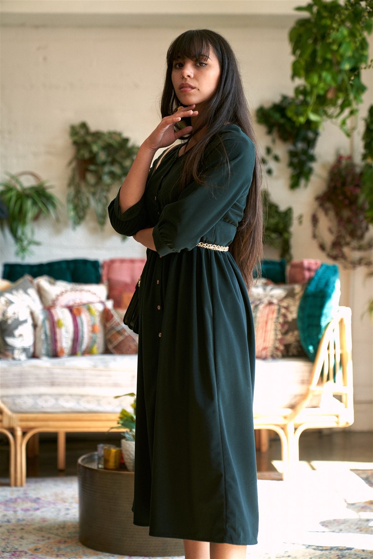 Corduroy 3/4 Sleeve Button Down Midi Dress - Absolute Fashion 2020