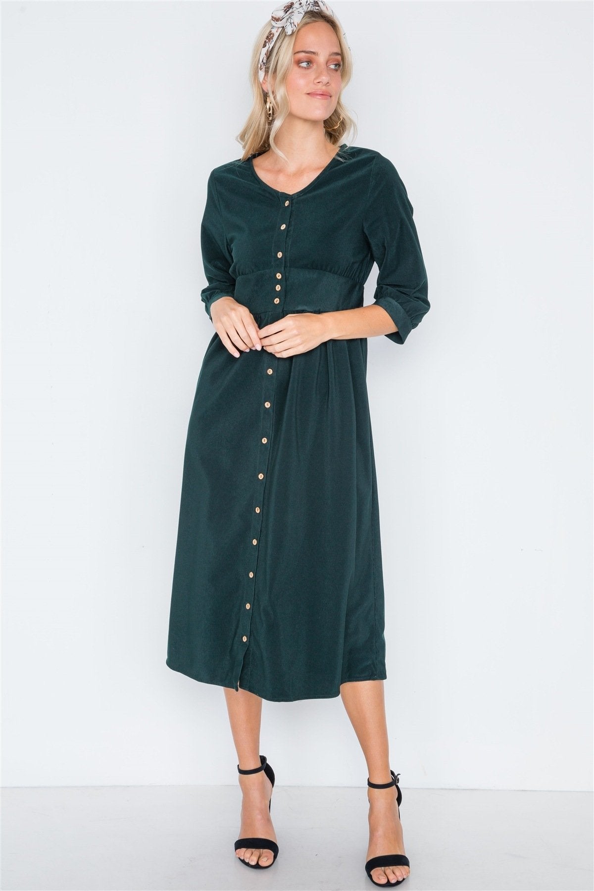 Corduroy 3/4 Sleeve Button Down Midi Dress - Absolute Fashion 2020
