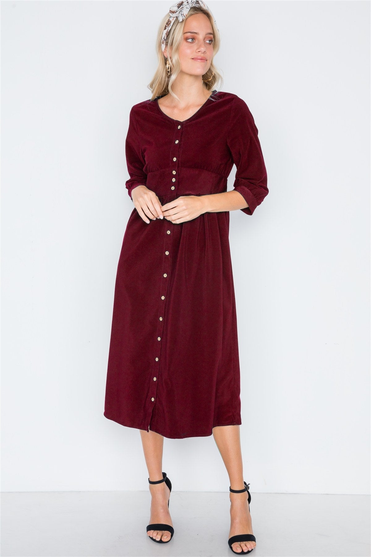 Corduroy 3/4 Sleeve Button Down Midi Dress - Absolute Fashion 2020
