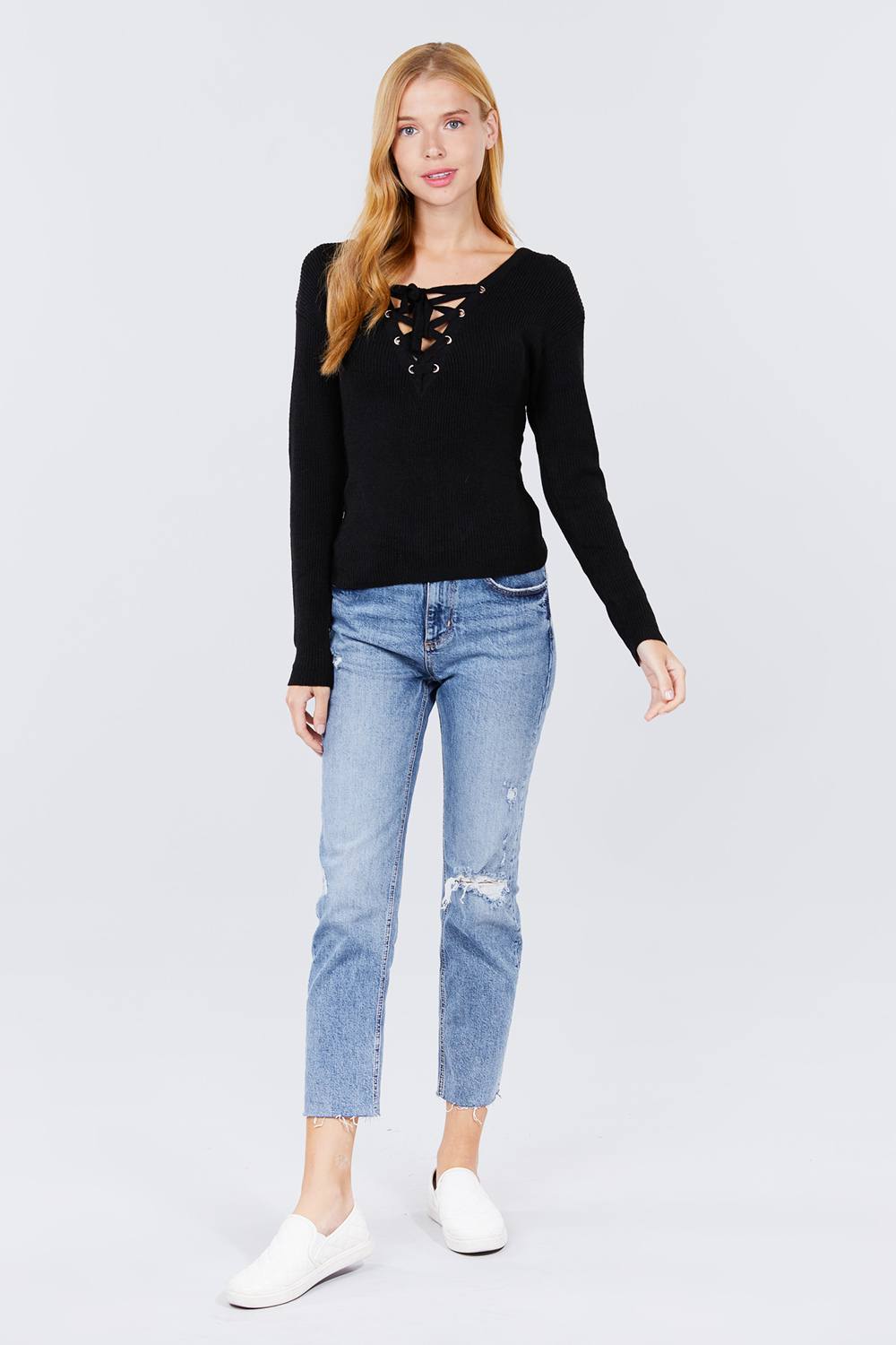 V-neck Eyelet Strap Back Sweater - Absolute Fashion 2020