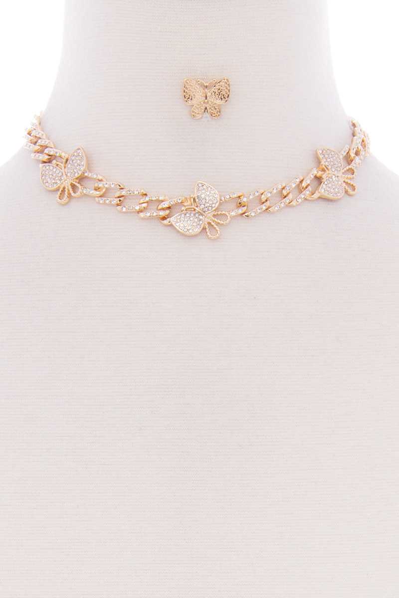 Butterfly Metal Stone Stud Link Chain Necklace Earring Set - Absolute Fashion 2020