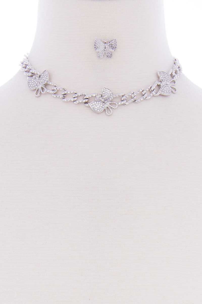 Butterfly Metal Stone Stud Link Chain Necklace Earring Set - Absolute Fashion 2020