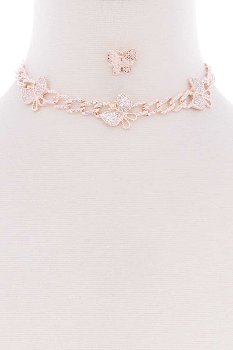 Butterfly Metal Stone Stud Link Chain Necklace Earring Set - Absolute Fashion 2020