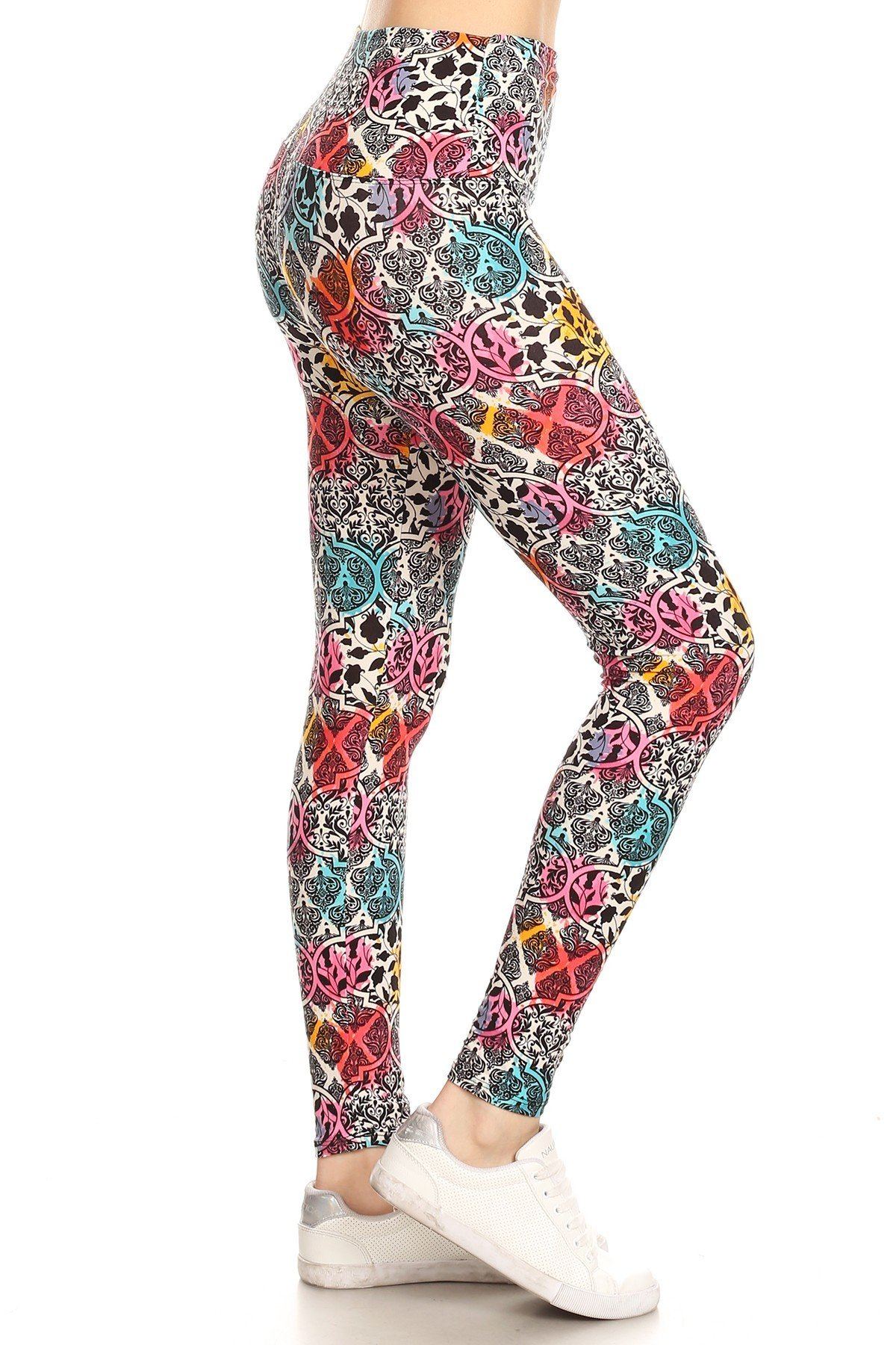 5-inch Long Yoga Style Banded Lined Damask Pattern Printed Knit Legging With High Waist - Absolute Fashion 2020