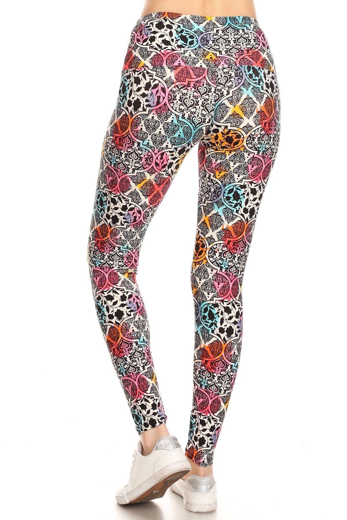 5-inch Long Yoga Style Banded Lined Damask Pattern Printed Knit Legging With High Waist - Absolute Fashion 2020