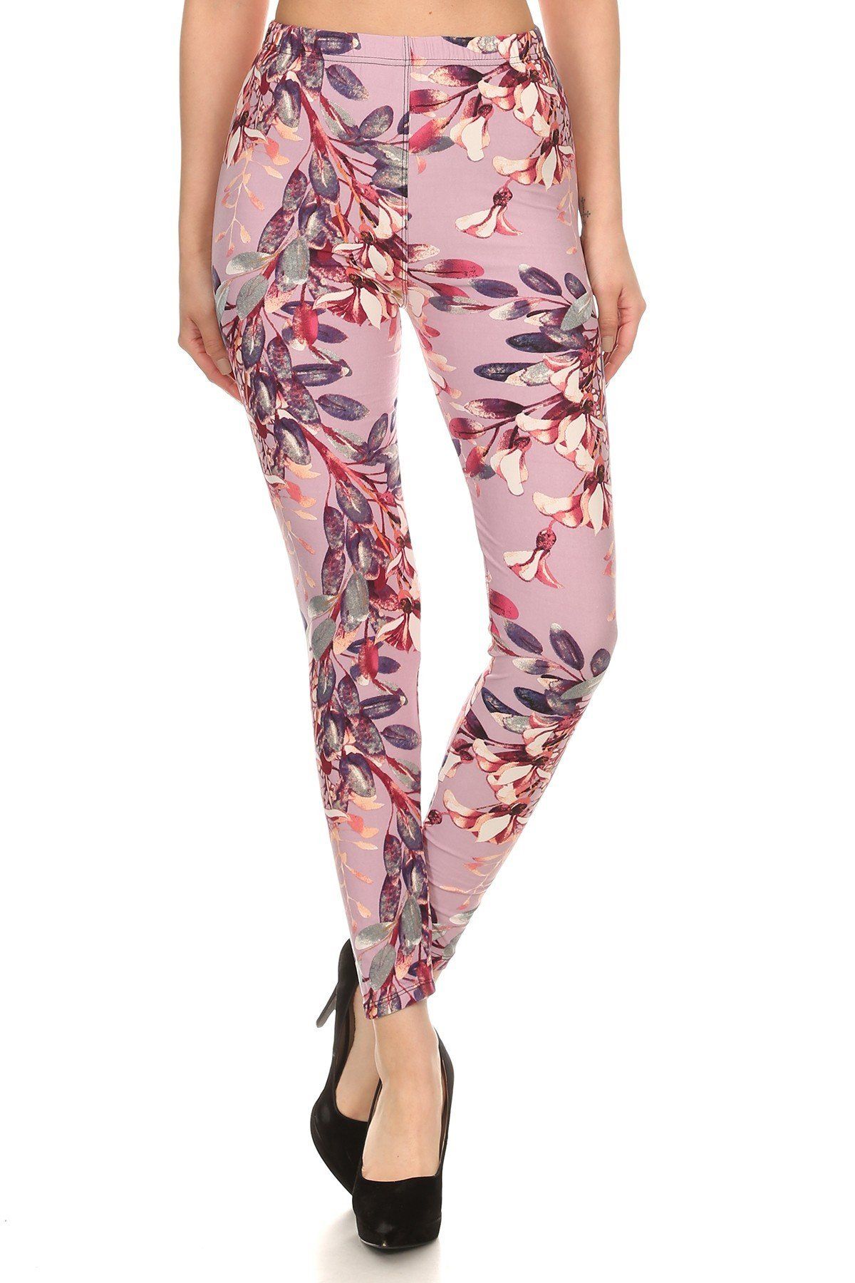 Floral Printed High Waisted Knit Leggings In Skinny Fit With Elastic Waistband - Absolute Fashion 2020