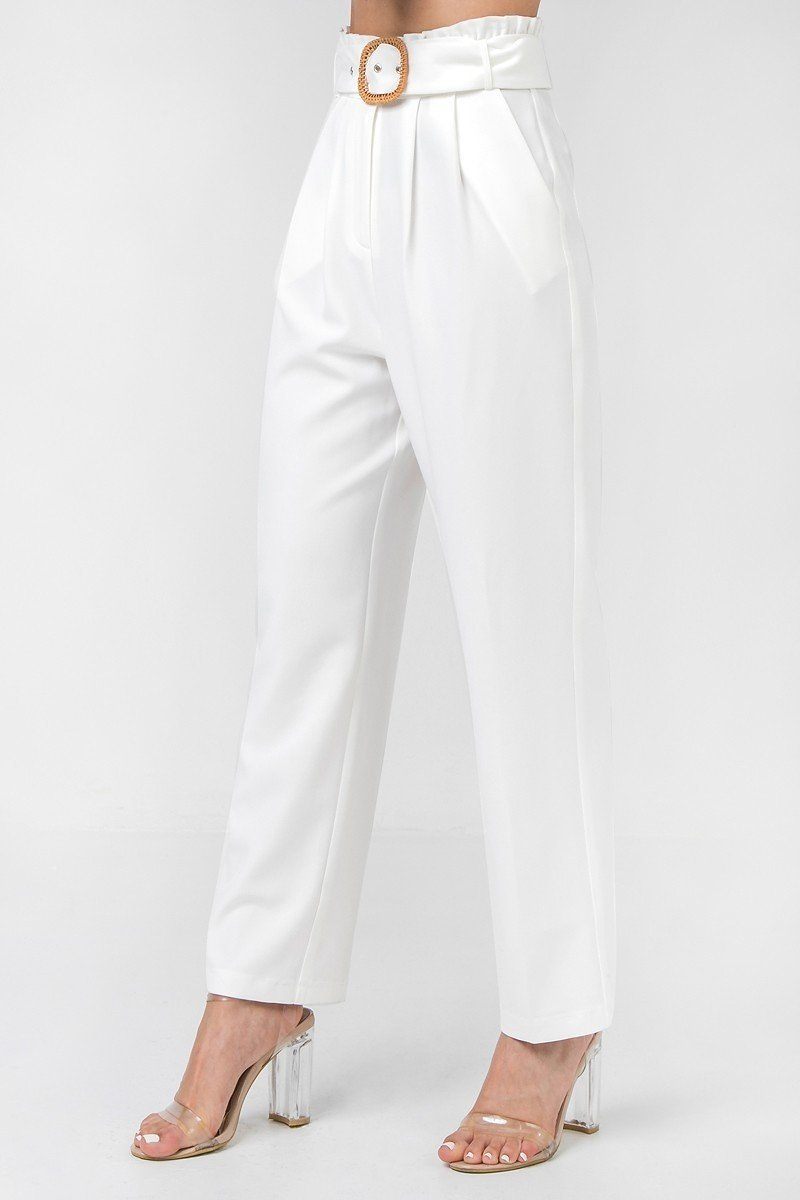 A Solid Pant Featuring Paperbag Waist With Rattan Buckle Belt - Absolute Fashion 2020