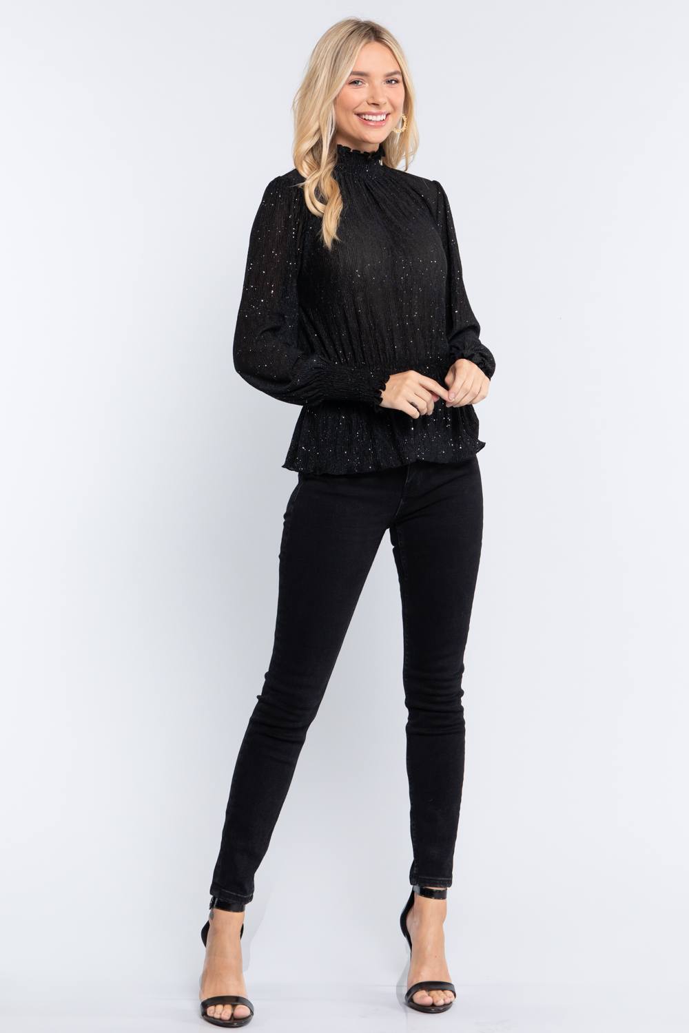 Smocked Sleeve Sparkle Crinlked Top - Absolute Fashion 2020