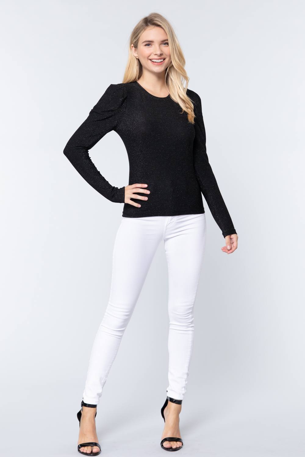 Puff Sleeve Crew Neck Metallic Knit Top - Absolute Fashion 2020