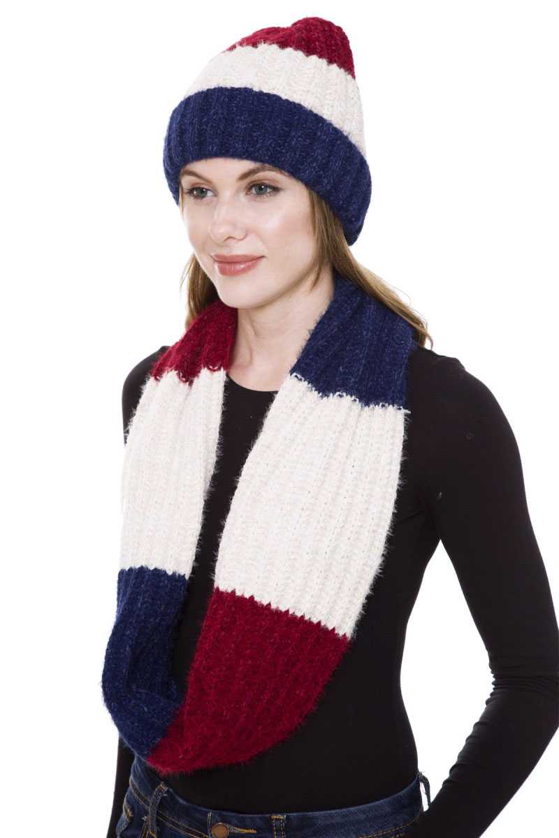 Stripe Pattern Infinity Scarf And Knit Hat Set - Absolute Fashion 2020