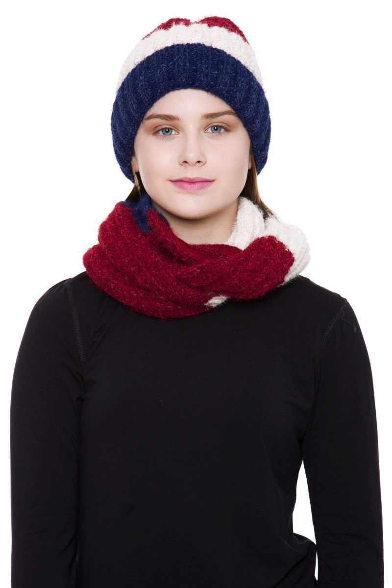 Stripe Pattern Infinity Scarf And Knit Hat Set - Absolute Fashion 2020