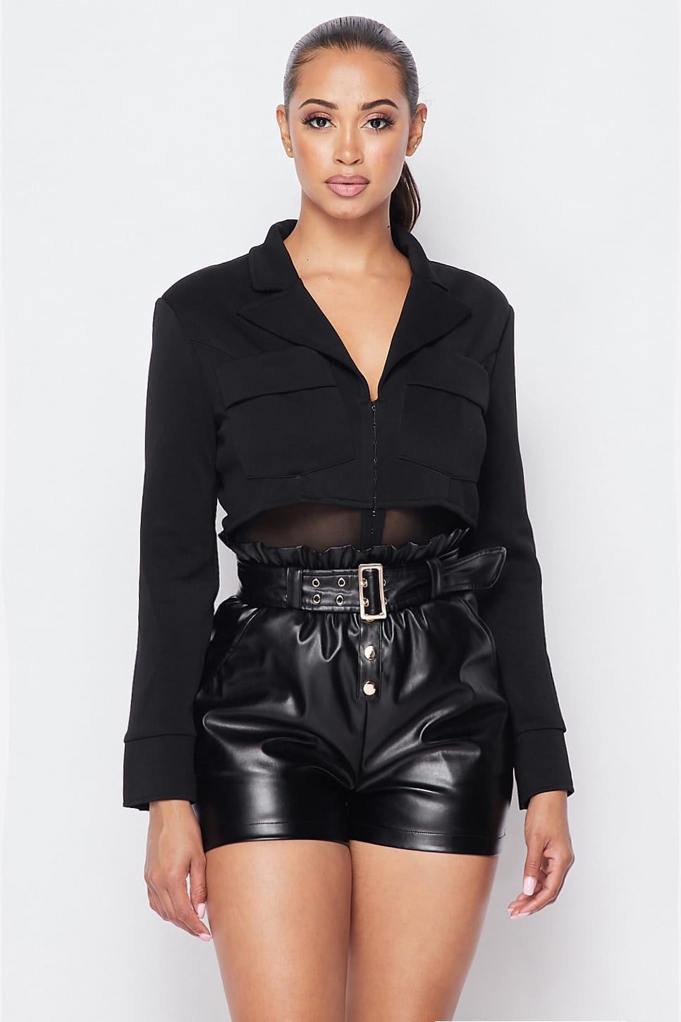 Deep-v Cropped Power Shoulder Blazer Bodysuit - Absolute Fashion 2020