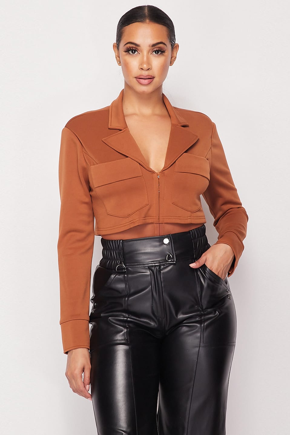Deep-v Cropped Power Shoulder Blazer Bodysuit - Absolute Fashion 2020