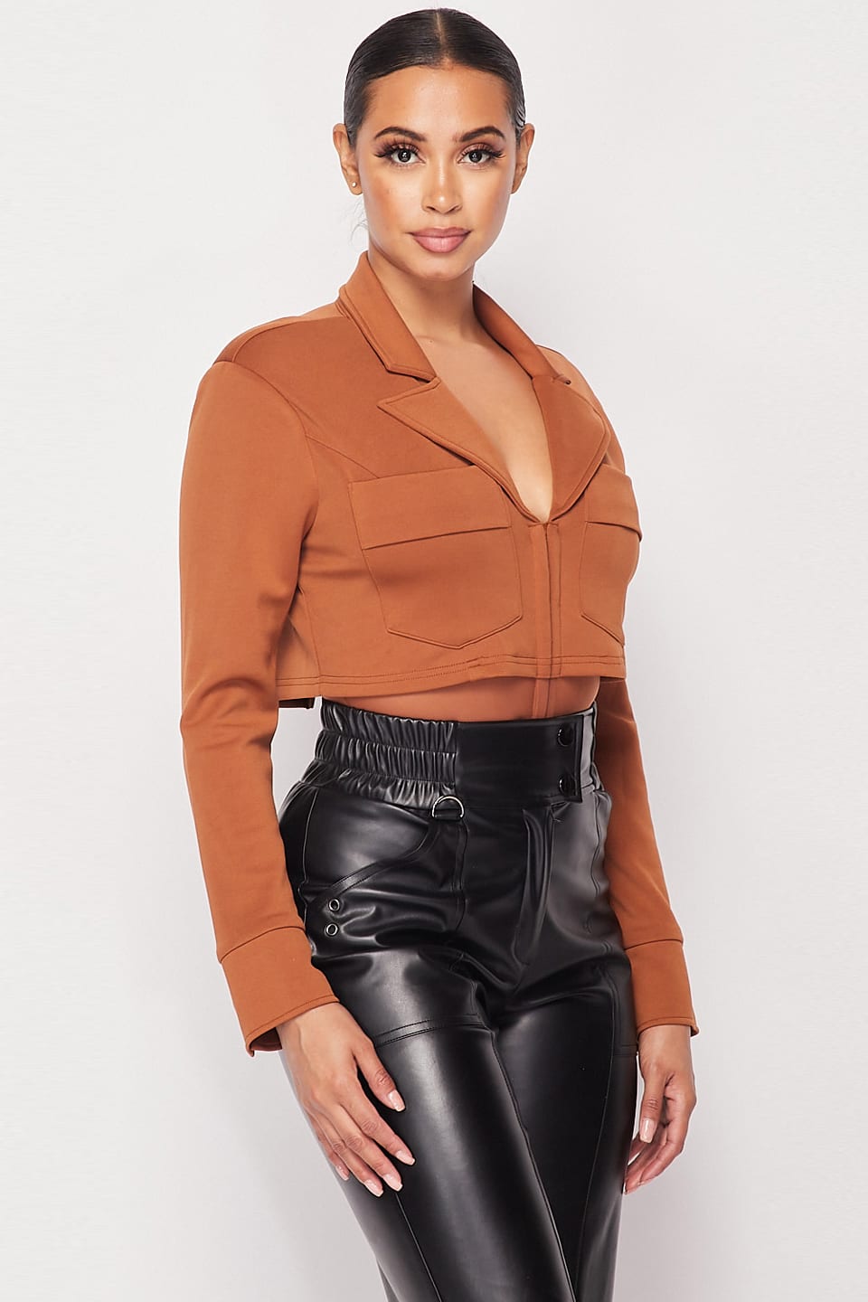 Deep-v Cropped Power Shoulder Blazer Bodysuit - Absolute Fashion 2020