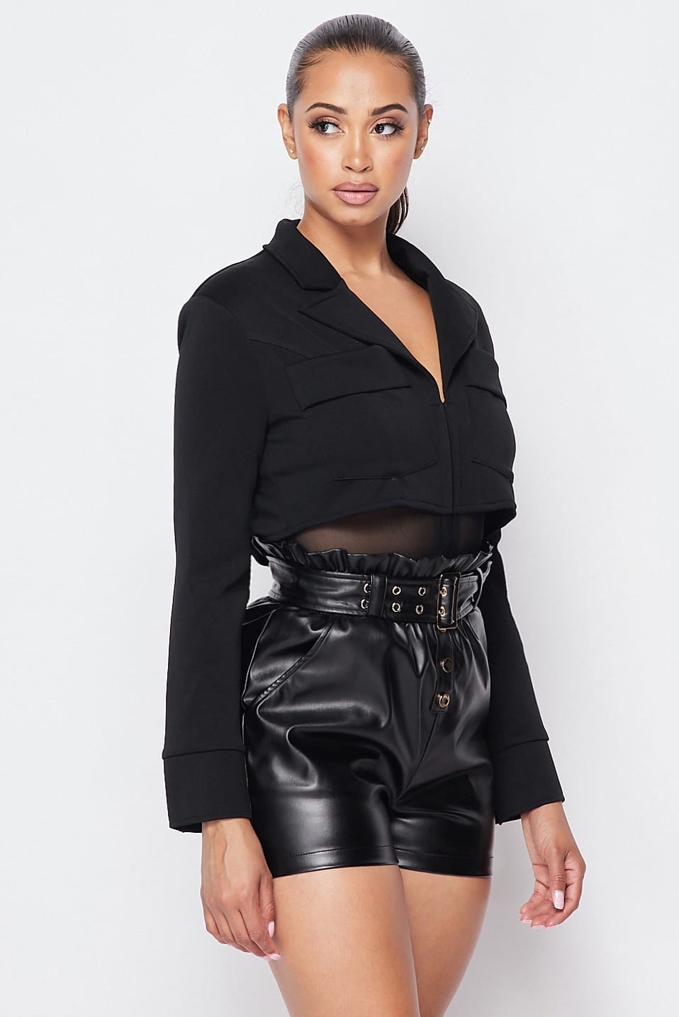 Deep-v Cropped Power Shoulder Blazer Bodysuit - Absolute Fashion 2020