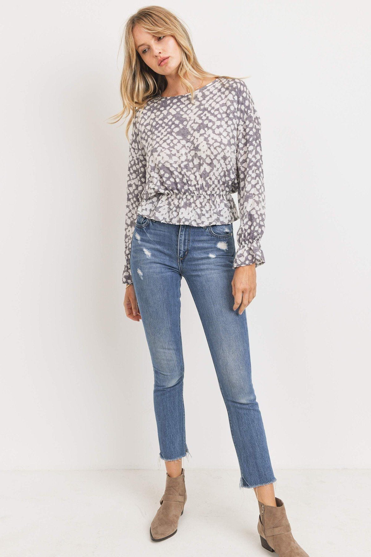 Ruffled Waist Drop Shoulder Long Sleeve Top - Absolute Fashion 2020
