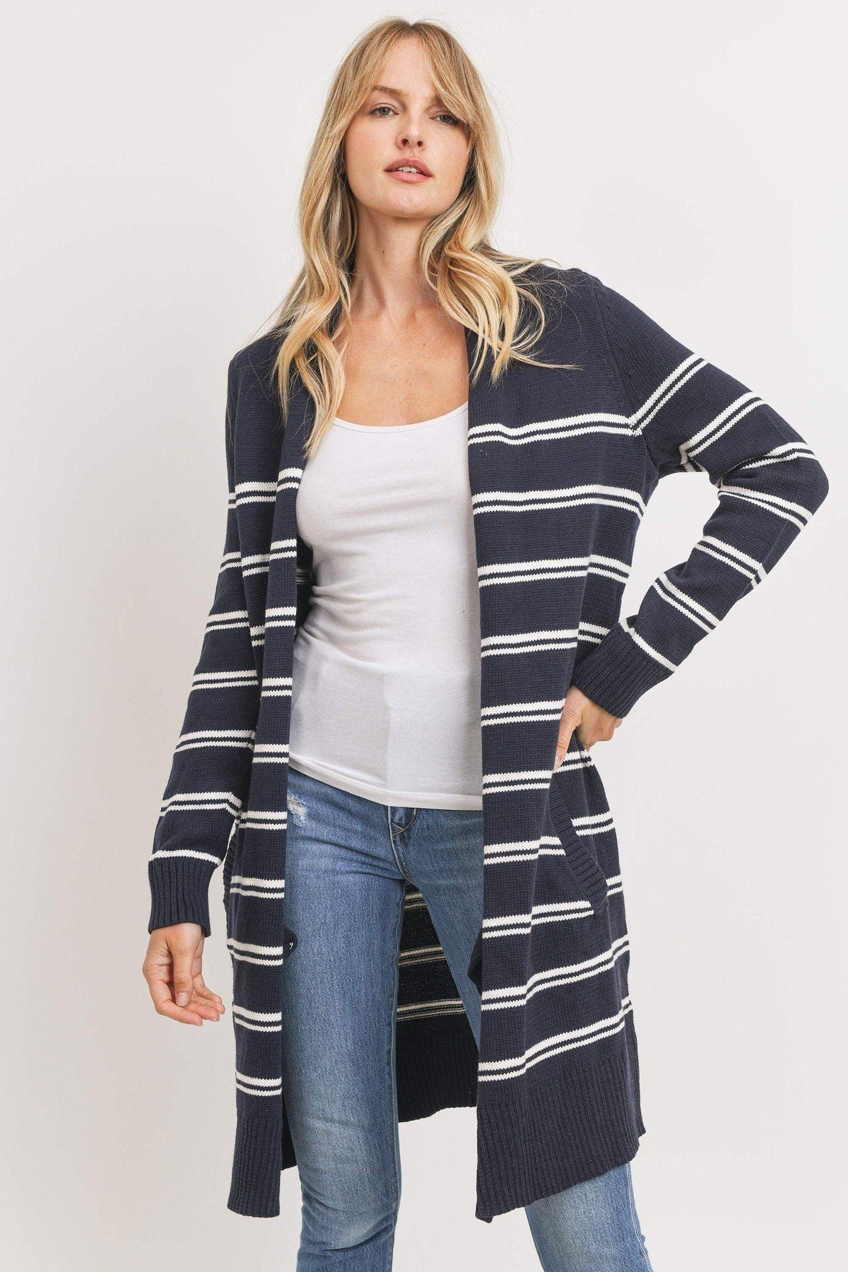 Striped Print Open Front Cardigan - Absolute Fashion 2020