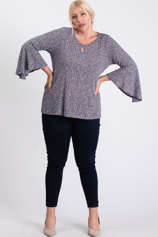 Front Keyhole 2tone Rib Fabric 3/4 Bell Sleeve Top - Absolute Fashion 2020