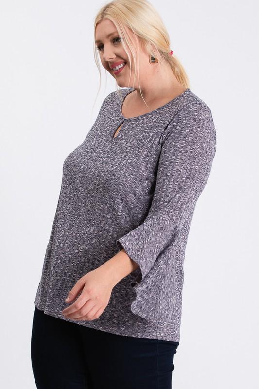 Front Keyhole 2tone Rib Fabric 3/4 Bell Sleeve Top - Absolute Fashion 2020