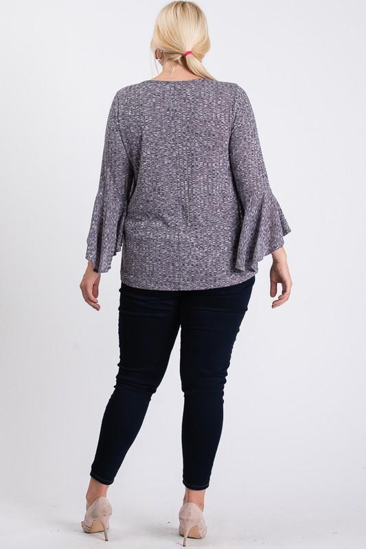 Front Keyhole 2tone Rib Fabric 3/4 Bell Sleeve Top - Absolute Fashion 2020