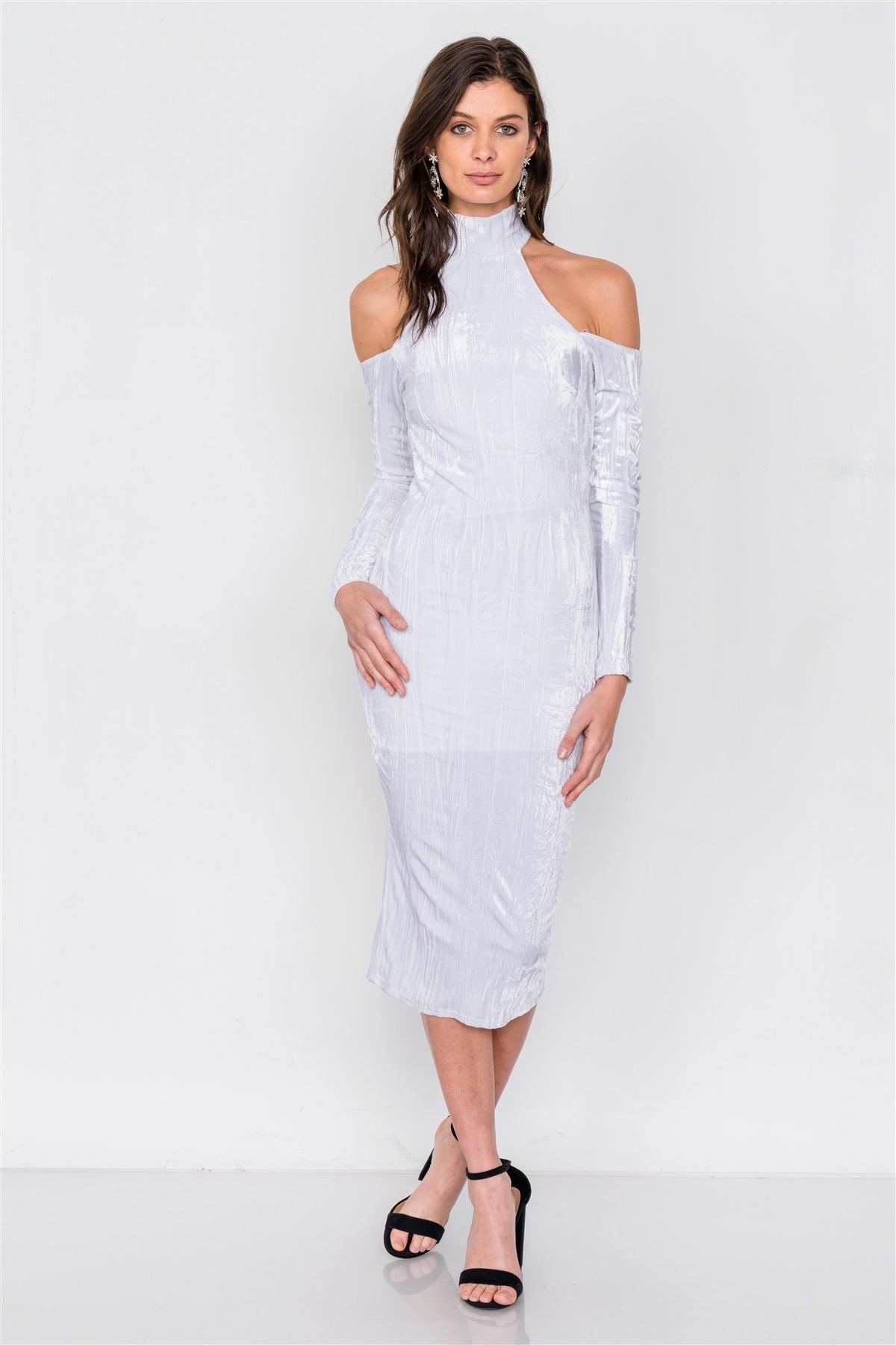 White Velvet Halter Crushed Cold Shoulder Turtleneck Long Sleeve Back Slit Midi Dress - Absolute Fashion 2020