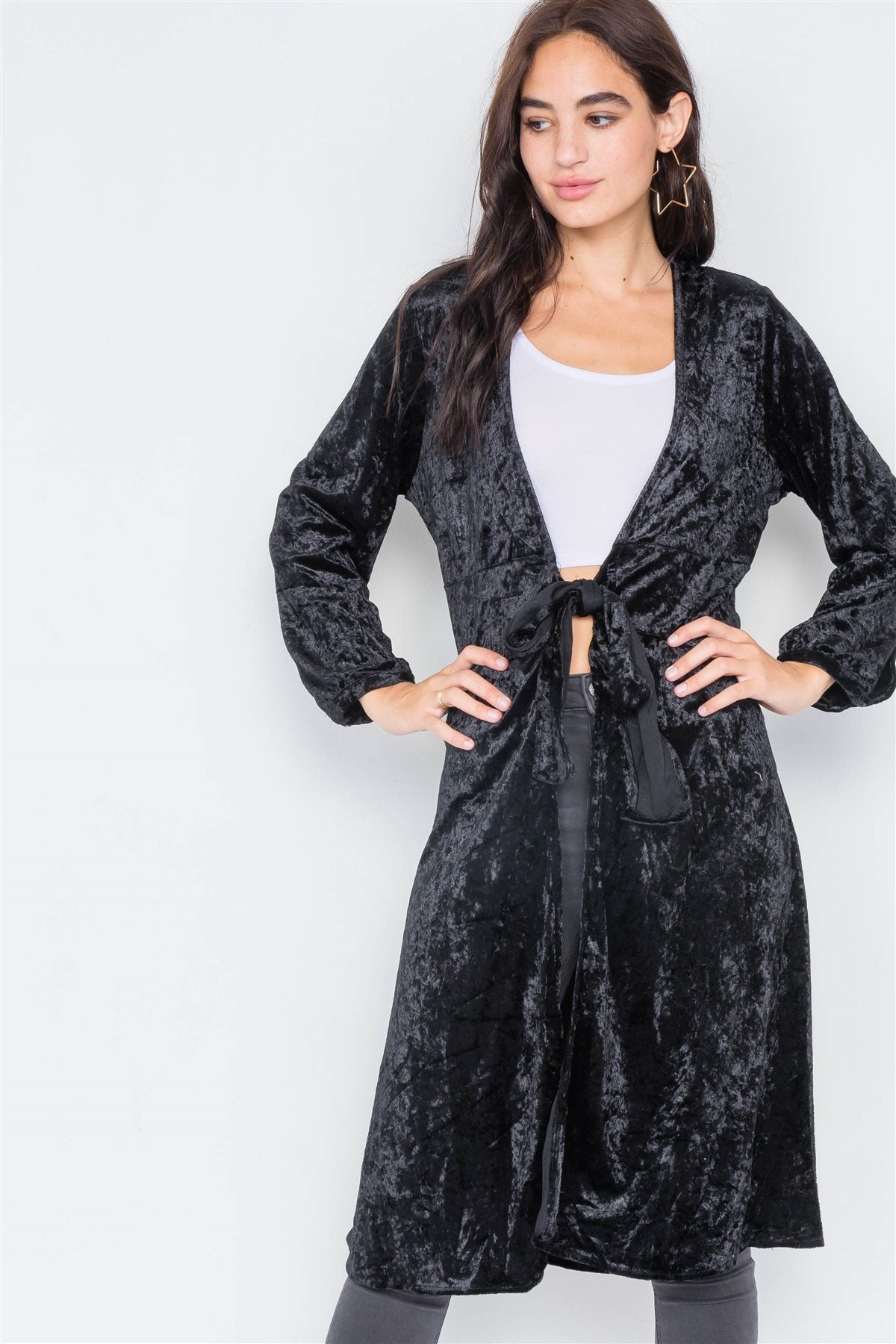 Crushed Velvet Open Front Tie Jacket - Absolute Fashion 2020