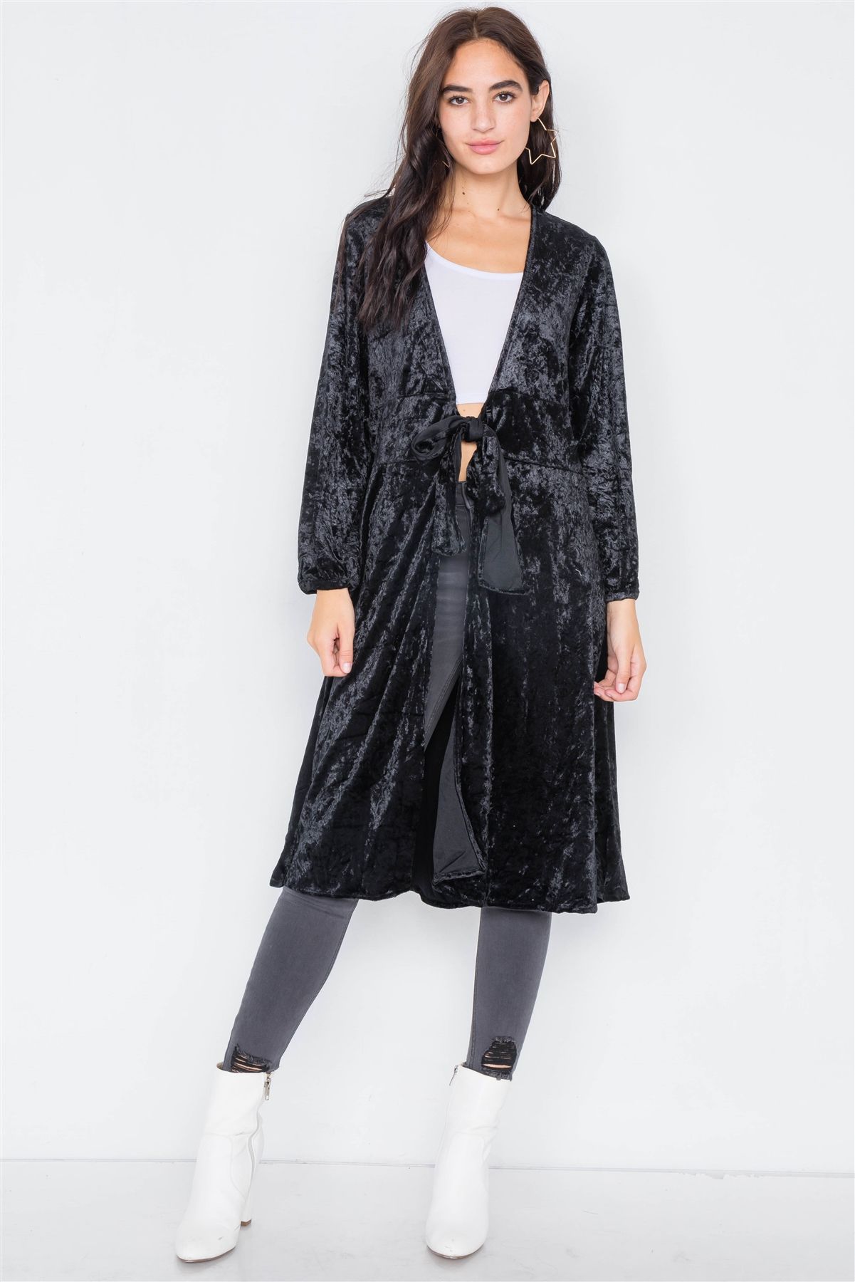Crushed Velvet Open Front Tie Jacket - Absolute Fashion 2020