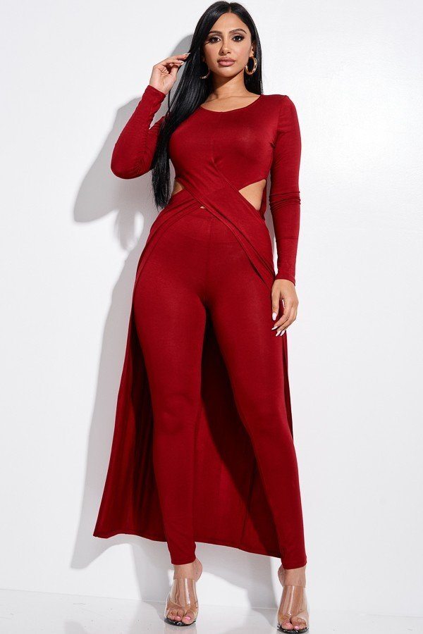 Solid Heavy Rayon Spandex Long Sleeve Crossed Over Long Top And Leggings 2 Piece Set - Absolute Fashion 2020