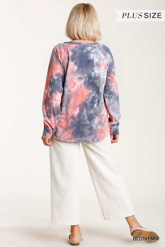 Tie-dye Button Front Long Raglan Sleeve Top With Raw Hem - Absolute Fashion 2020