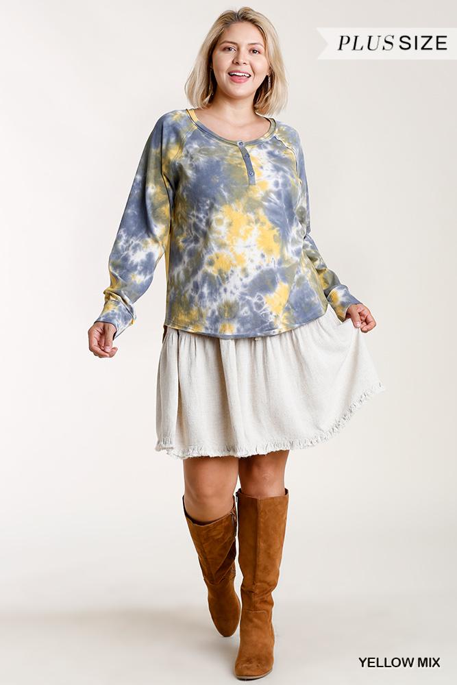 Tie-dye Button Front Long Raglan Sleeve Top With Raw Hem - Absolute Fashion 2020
