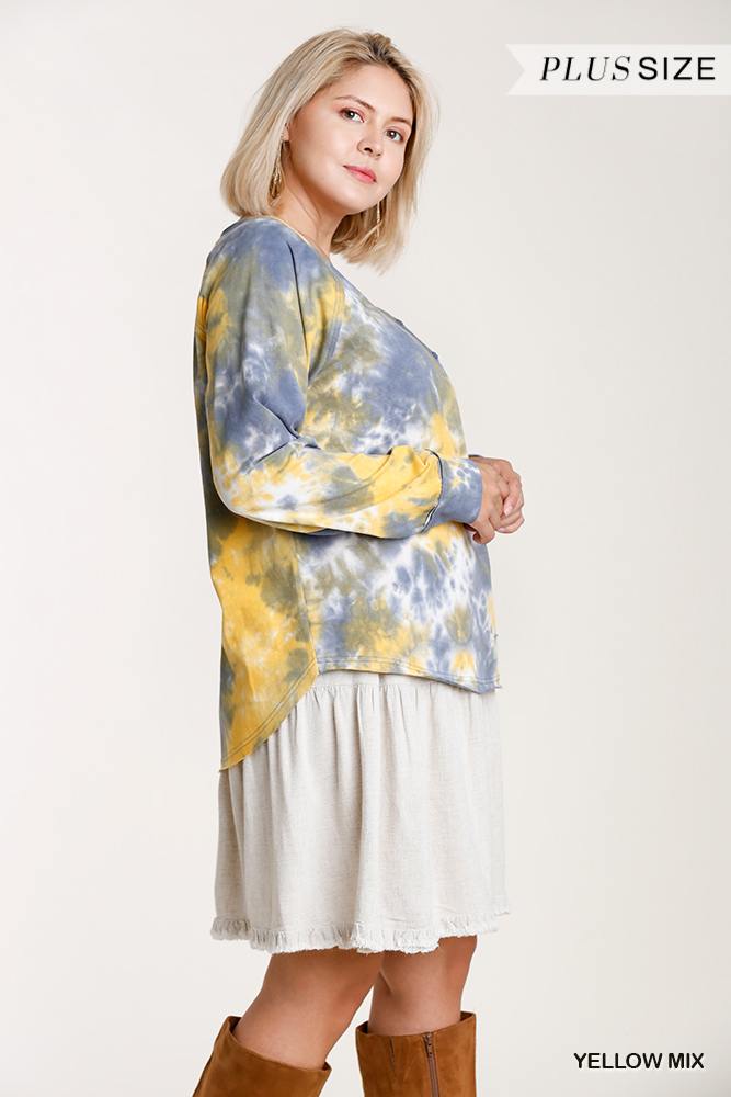 Tie-dye Button Front Long Raglan Sleeve Top With Raw Hem - Absolute Fashion 2020