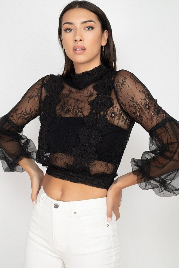 Lace Trim Balloon Sleeve Smocked Top - Absolute Fashion 2020