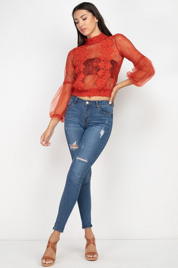 Lace Trim Balloon Sleeve Smocked Top - Absolute Fashion 2020