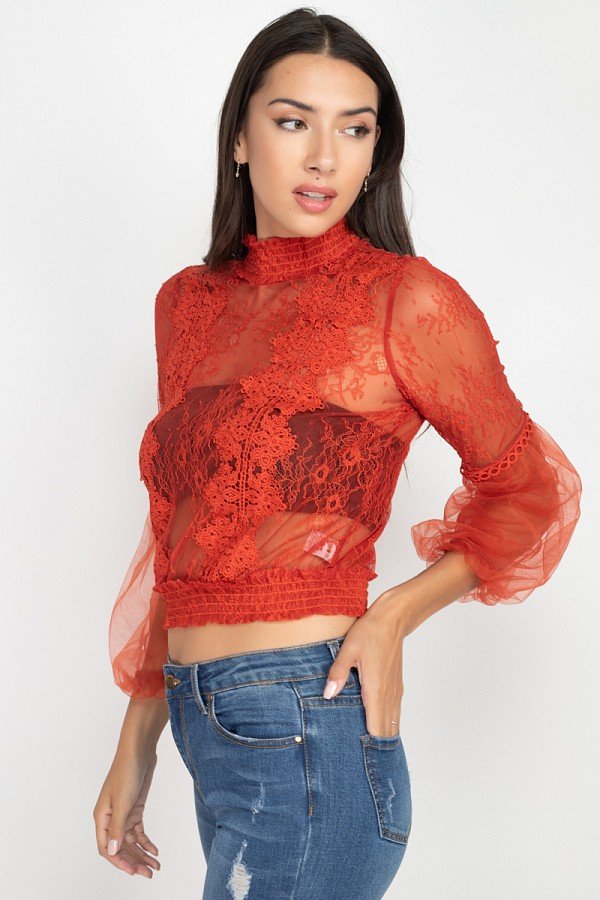 Lace Trim Balloon Sleeve Smocked Top - Absolute Fashion 2020
