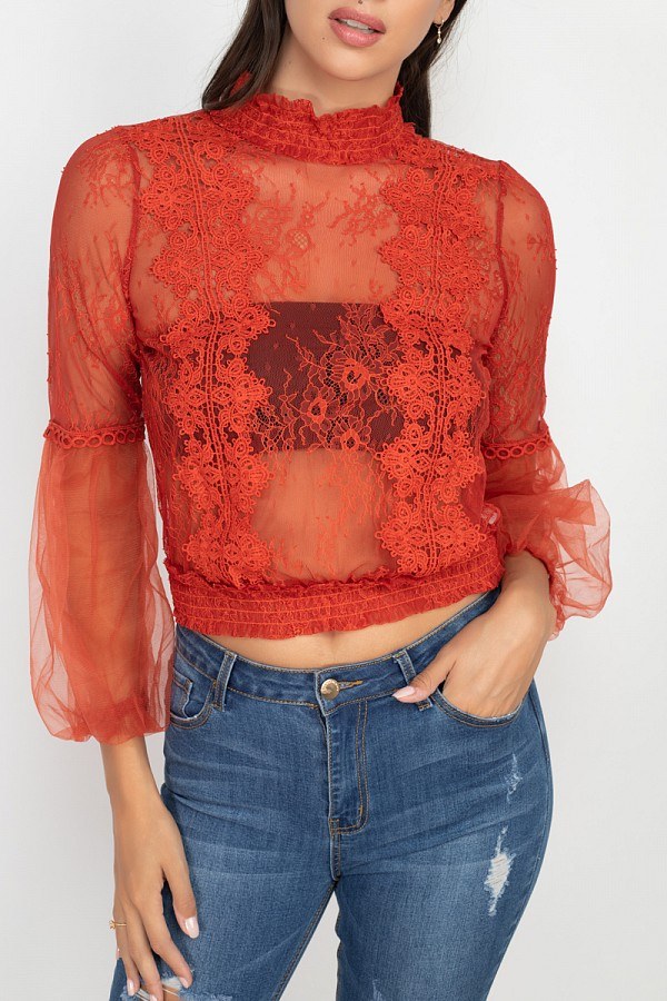 Lace Trim Balloon Sleeve Smocked Top - Absolute Fashion 2020