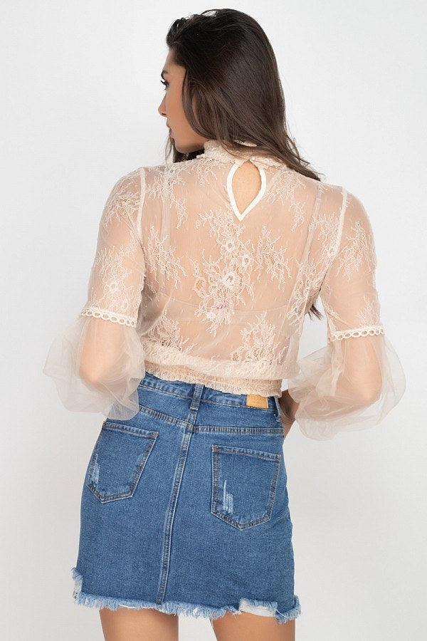 Lace Trim Balloon Sleeve Smocked Top - Absolute Fashion 2020