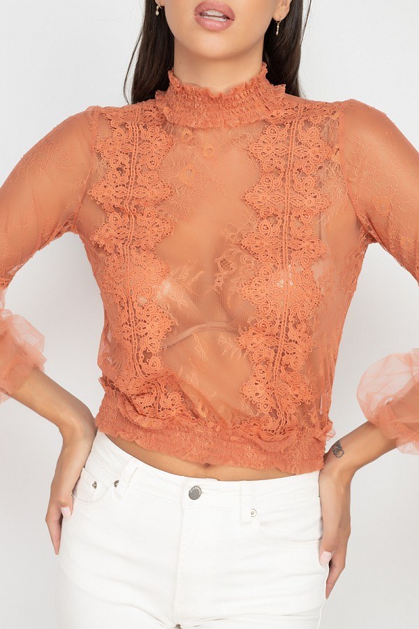 Lace Trim Balloon Sleeve Smocked Top - Absolute Fashion 2020