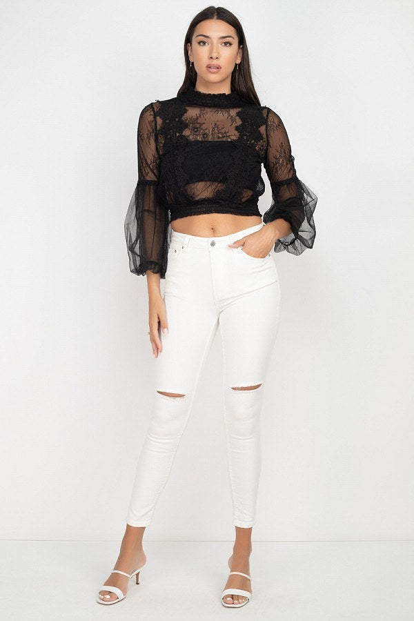 Lace Trim Balloon Sleeve Smocked Top - Absolute Fashion 2020
