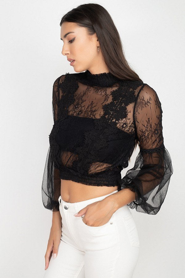 Lace Trim Balloon Sleeve Smocked Top - Absolute Fashion 2020