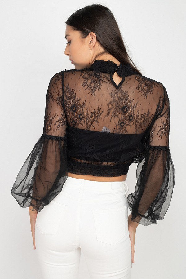 Lace Trim Balloon Sleeve Smocked Top - Absolute Fashion 2020