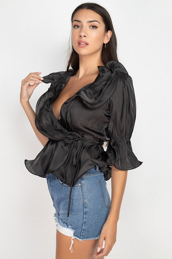 Surplice Short Sleeve Ruffle Top - Absolute Fashion 2020