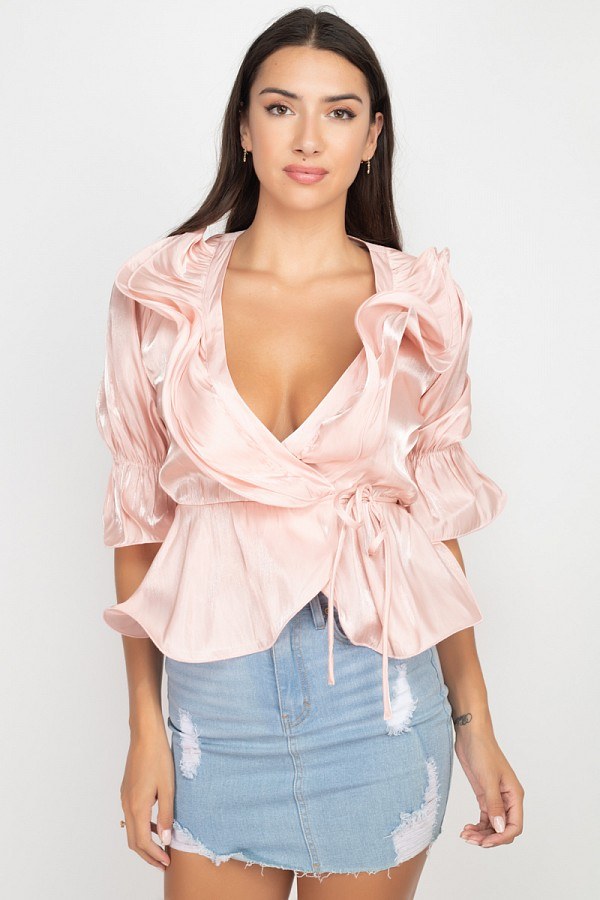Surplice Short Sleeve Ruffle Top - Absolute Fashion 2020